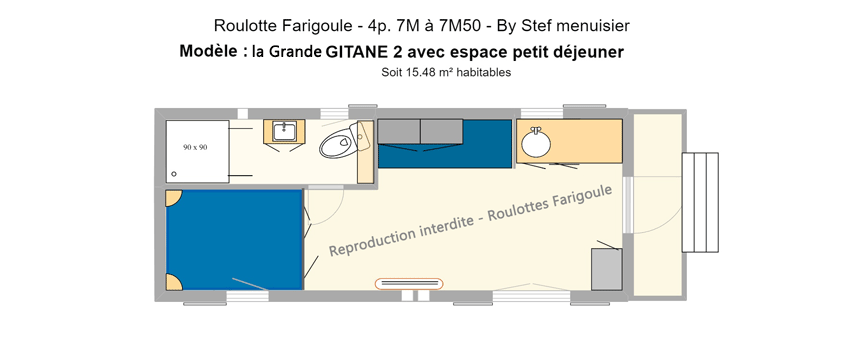 Plan roulotte Farigoule la Grande Gitane 2 avec espace petit déjeuner lit gigogne