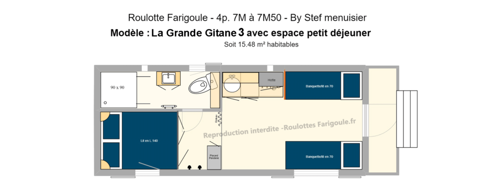 Plan Roulotte gite tout confort 4 personnes avec salle de bain douche